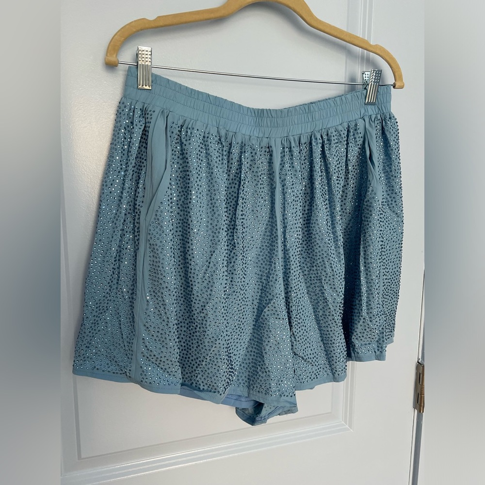 QUEEN OF SPARKLES Light Blue Athletic Shorts with Embellishments